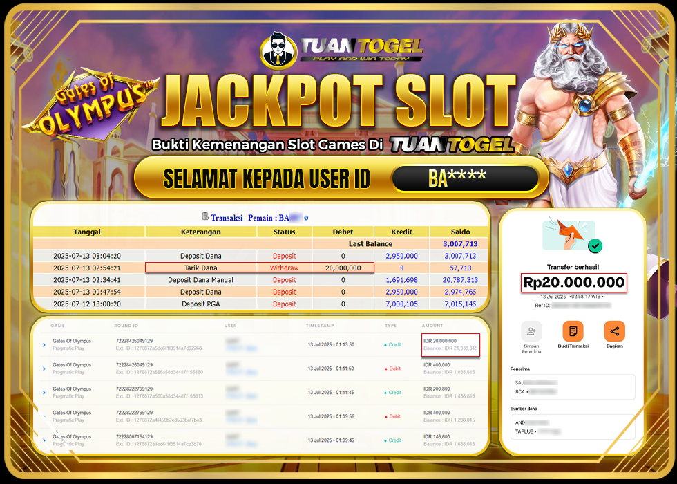 TUANTOGEL JACKPOT SLOT GATES OF OLYMPUS Rp20.000.000, - LUNAS